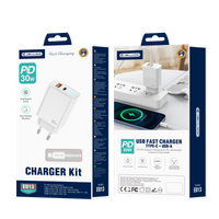 JELLICO Netz-Ladegerät EU13 GaN PD 30W 1xUSB-C + 1xUSB QC3.0 + Kabel USB-C - Lightning weiss